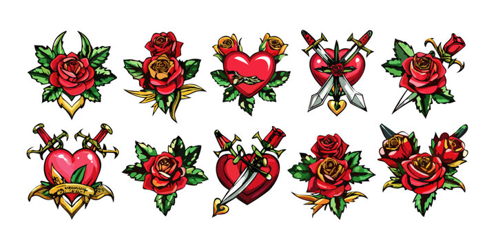 Set of traditional old school tattoo flash art icons, vector