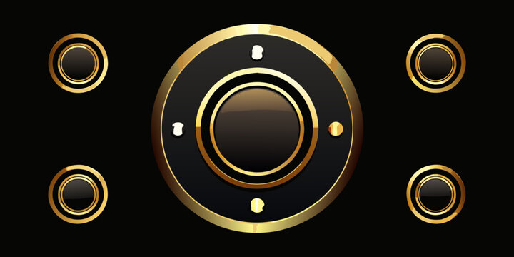 Luxury golden metallic circular button design set, vector