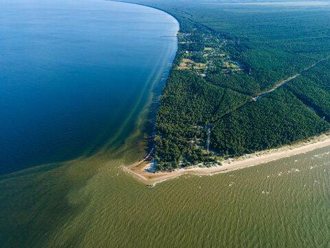 Aerial view of Cape Kolka where the Baltic Sea meets the Gulf of Riga, featuring dense pine forests and sandy coastlines in Kolka, Talsi Municipality, Latvia.
