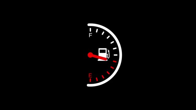 Car fuel gauge showing empty tank icon with red needle pointing to low level on black background