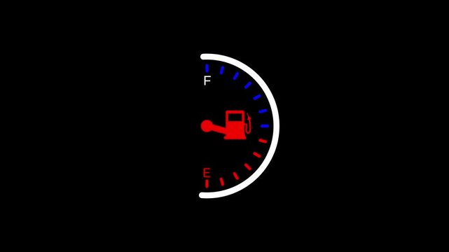 Fuel gauge icon showing low gasoline level with red indicator needle on a black background for car dashboard display and automotive vehicle monitoring systems