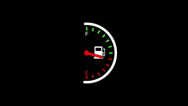 Minimal fuel gauge icon showing full tank status with red needle and petrol pump symbol on black background for automotive dashboard display interface