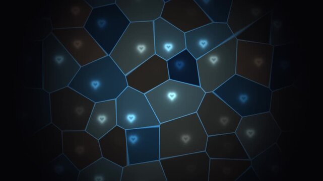 Colorful geometric pattern with glowing hearts in dark background