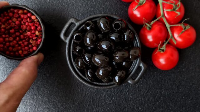 Black canned olives without pits for salads and snacks. Black olives without pits as a food background for your design