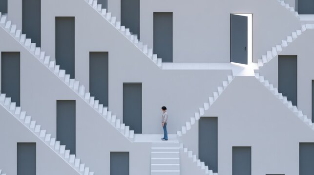Person walks on stairs next to many doors in a building with an unusual design in a bright setting during daylight hours