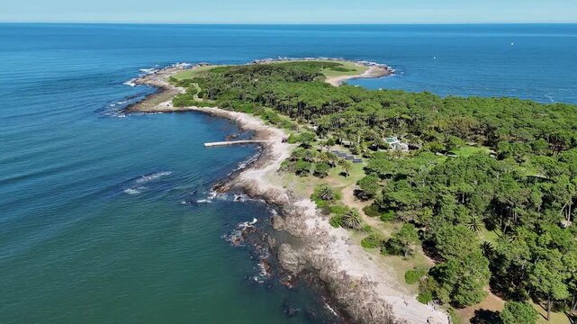 Gorriti Island In Punta Del Este Maldonado Uruguay. Turquoise Ocean Waves Gently Crashing On Tropical Beach. Tropical Skyline. Bay Water Landscape. Punta Del Este Maldonado.