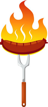 large fork with sausage roasting over open flame