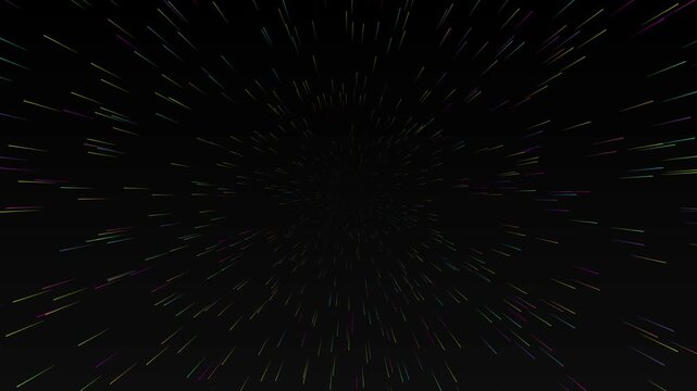 Colorful neon light streaks in warp speed animation, ideal for sci-fi hyperspace travel, speed concepts, and dynamic technology transitions.