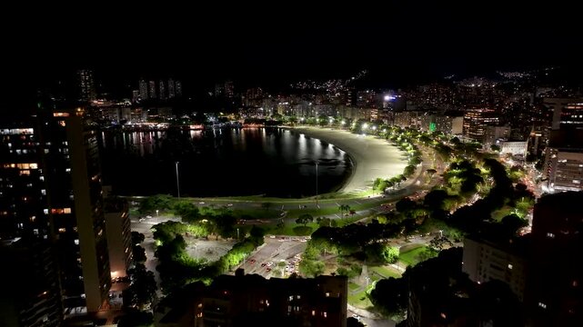 Botafogo Beach In Rio De Janeiro Brazil. Urban Life Landscape Of Freeway Road Connecting City Streets. Night Cities Of The World. Landmark Downtown. Rio de Janeiro Brazil.