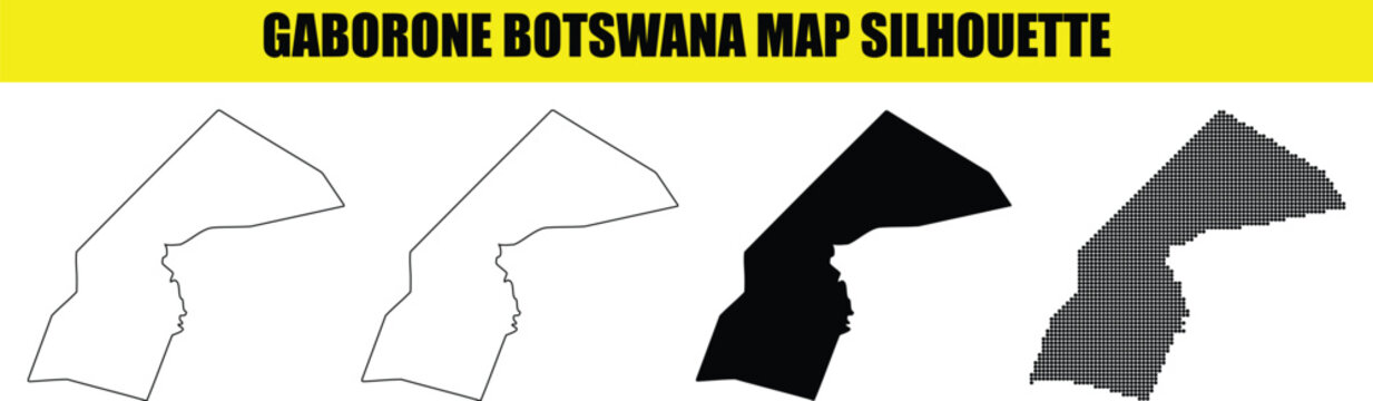 Gaborone botswana map silhouette set featuring simple outline vector paths solid black shapes and creative dot grid design.