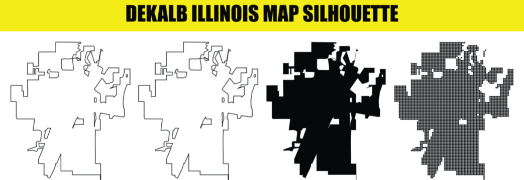 Dekalb illinois map silhouette graphic bundle showing clean outline vector solid black fill and artistic dotted pattern.