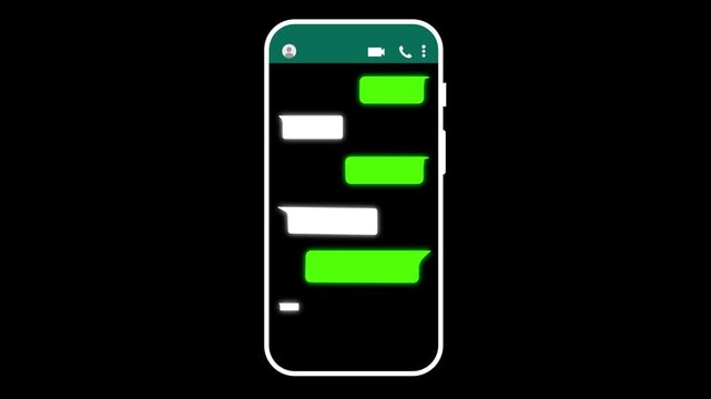 Text message send or received in smartphone animation, text message chat animated in mobile phone close up.