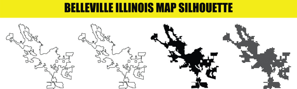 Belleville illinois map silhouette multi style vector collection featuring complex borders in outline and dot patterns.