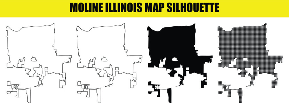 Moline illinois map silhouette set with detailed city boundaries in line art solid fill and digital dot pattern styles.