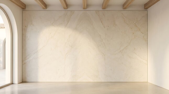 Wall cladding made of light beige marble provides a clean and minimalist aesthetic for a contemporary interior residential space.