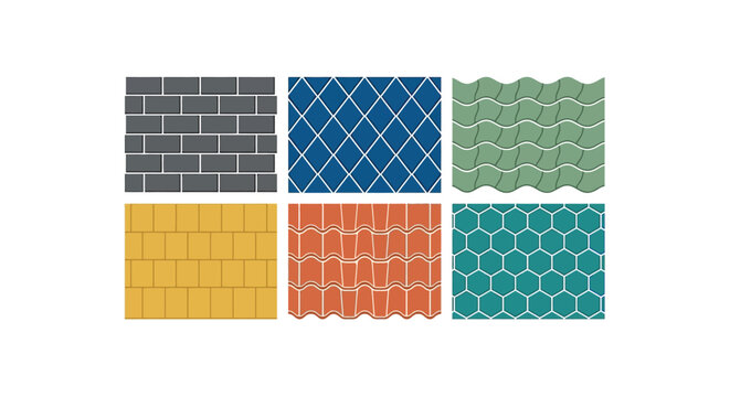 Geometric pattern collection vector illustration with brick diamond wave and honeycomb motifs tile repeating design brickwork lattice wavy lines hexagonal grid surface texture background wall