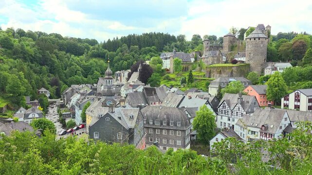View over the beautiful medieval town and castle of Monschau in the Eifel region of western Germany