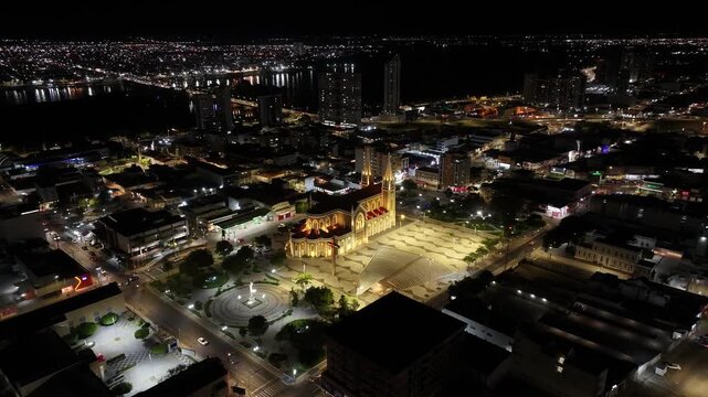 Dom Malan Square In Petrolina Pernambuco Brazil. Aerial View Of A Bustling City With High-Rise Buildings And Traffic. Night Cities Of The World Landscape. Landmark Town. Petrolina Pernambuco.