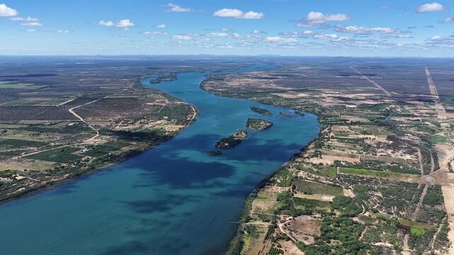 Sao Francisco Skyline In Sobradinho Bahia Brazil. Aerial View Of Lush Agriculture Field Forming Geometric Patterns. Wildlife Travel. Tropical Eco Tourism. Sobradinho Bahia.