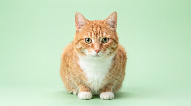 Cute orange tabby cat sitting on a pastel green background
