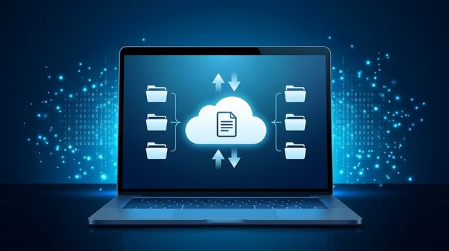 Modern laptop displaying cloud storage with file transfer icons, illustrating secure data backup and syncing technology