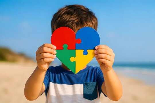 Child holding heart shaped puzzle pieces on a beach