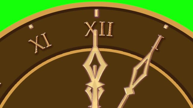 brown dial yellow hands roman numerals with moving hands counterclockwise on green screen. close-up. Computer graphics.