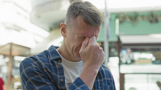 Man pinching bridge of nose and rubbing eyes on a busy urban shopping street in front of storefronts and awnings; fatigue.