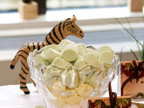 Bonbons guimauve verts pr&eacute;sent&eacute;s dans une coupe en verre avec d&eacute;coration z&egrave;bre sur un candy bar &agrave; th&egrave;me safari pour anniversaire, baby shower ou f&ecirc;te