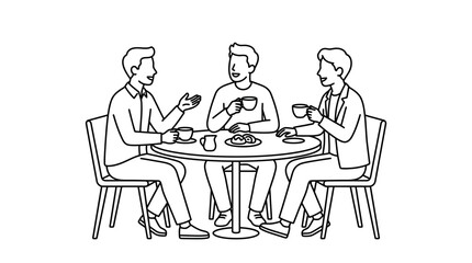 Fototapeta premium Three Men Talking and Drinking Coffee at a Round Table