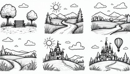 Obraz premium Collection of simple line art drawings depict nature scenes with trees, roads, mountains, castles, hot air balloon. Minimalist set includes park bench, sun elements, offering versatile graphic assets.