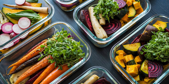 Healthy meal prep containers filled with colorful roasted vegetables and fresh microgreens