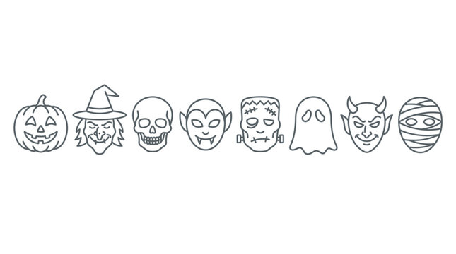 Halloween Icons Set: Pumpkin, Witch, Skull, Vampire, Monster, Ghost, Devil, Mummy