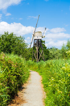 Path towards Boardman's drainage mill near Ludham in North Norfolk, UK.  A timber open framed mill, one of only left on the Broads, in portrait orientation