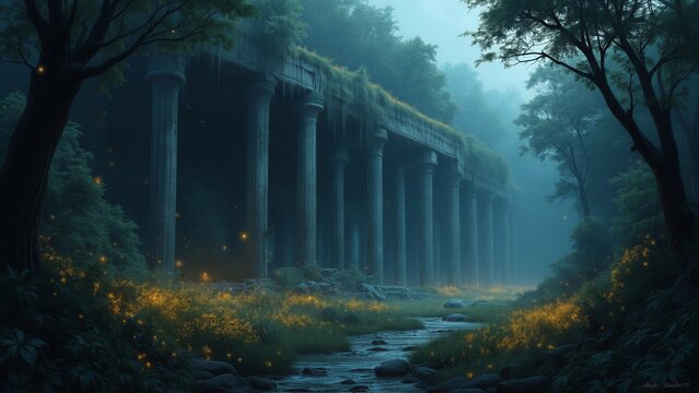 Mysterious jungle ruins surrou