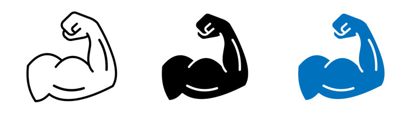 Bicep icon representing strength, gym training, athletic power and muscular fitness in outline and solid styles vector illustration © ArtStock