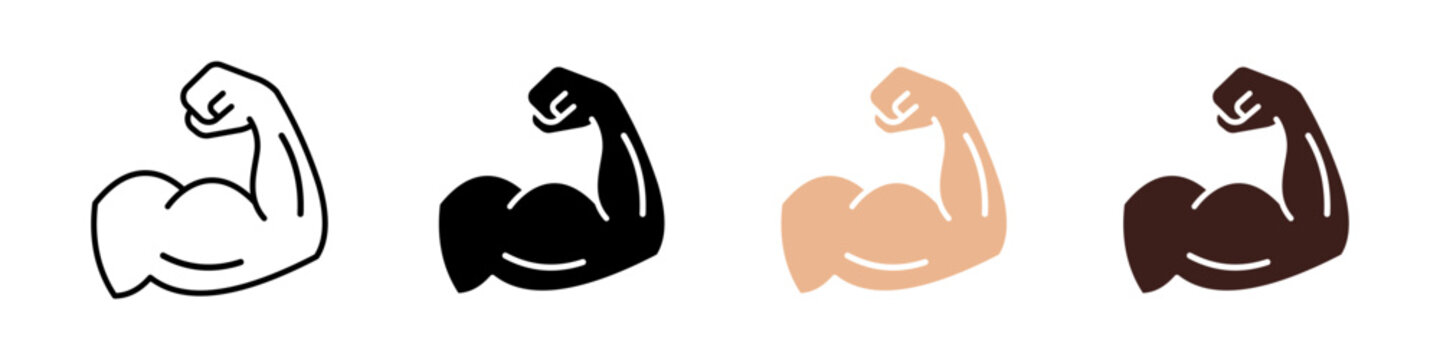 Bicep icon representing strength, gym training, athletic power and muscular fitness in outline and solid styles vector illustration