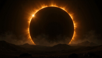 Spektakuläres astronomisches Ereignis einer ringförmigen Sonnenfinsternis am dunklen Himmel mit leuchtender Sonnenscheibe hinter dem Mond und Silhouetten von Bergen unter bewölkter Atmosphäre