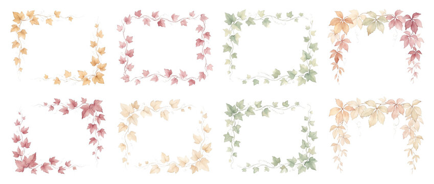 Ivy frame watercolor vine border set with autumn leaves on black background for wedding invitation cards, elegant floral corner elements, vintage botanical climbing foliage wreath frame templates set.