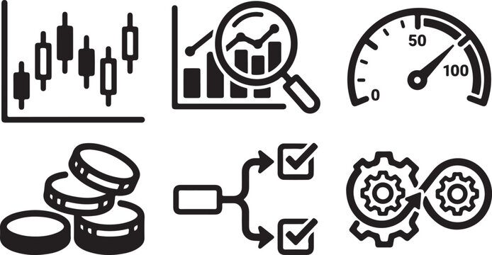Set of black business and finance icons showing charts coins and productivity process symbols