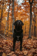 Fototapeta premium Black Dog Standing in a Forest of Autumn Leaves in the Afternoon Sun