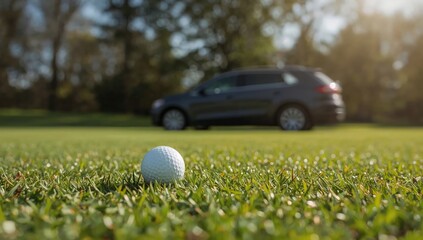 Obraz premium Golf Ball on Green Grass With a Car Parked Nearby in Daylight During Afternoon