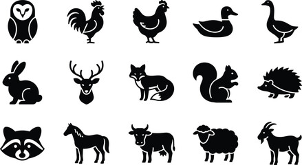 Set of black animal icons featuring farm and wild creatures including owl rooster chicken duck goose rabbit deer fox squirrel hedgehog raccoon horse cow sheep and goat isolated on a white background © VECTOR Files