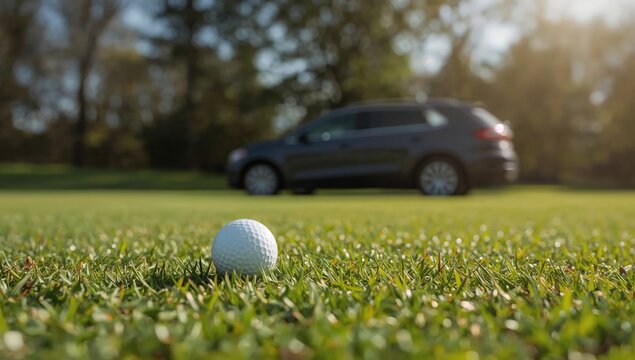 Golf Ball on Green Grass With a Car Parked Nearby in Daylight During Afternoon