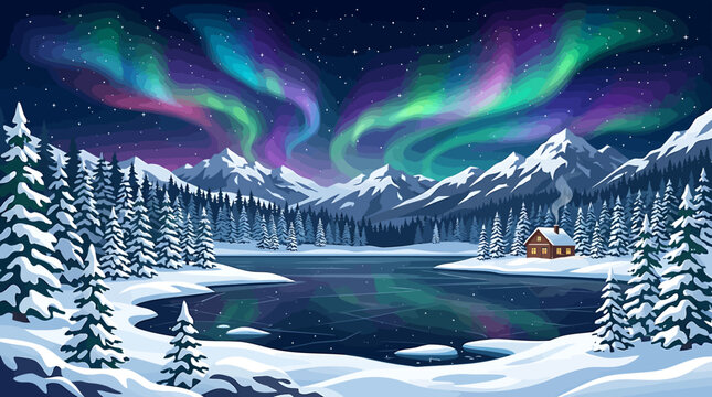 A stunning winter landscape illuminated by the vibrant, dancing aurora borealis. Snow-covered mountains, a frozen lake, and a cozy cabin nestled amongst pine trees create a magical scene