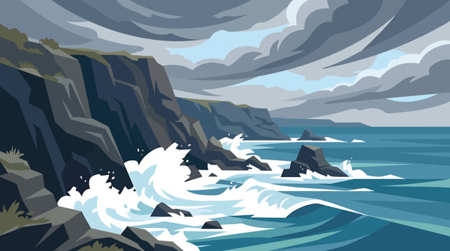 Dramatic waves crashing against rugged sea cliffs under a stormy sky. The power of nature is evident in this dynamic coastal scene