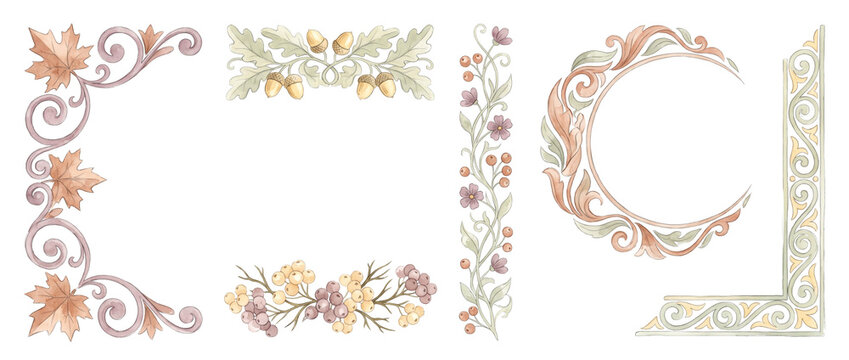 Vintage floral border set watercolor autumn leaves decorative frames featuring acorns, berries, circular wreath, corner scroll ornaments isolated on black background elements design illustration decal