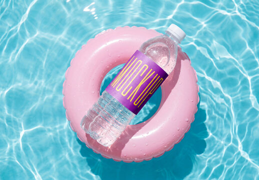 Clear Plastic Water Bottle Label Mockup on Pink Inflatable Ring in Swimming Pool