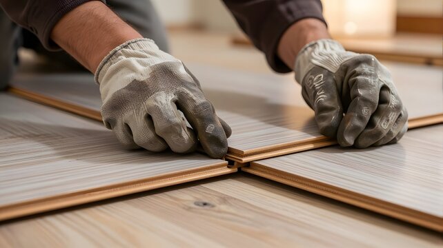 Professional worker installing laminate wood flooring planks with precision and care in a residential interior renovation project for home improvement