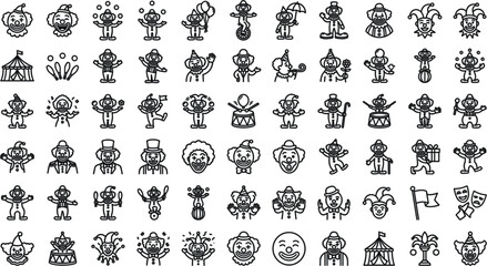 Circus Clown and Carnival Jester Line Icon Set with Juggling Unicycles Balloons Tents and Amusement Park Entertainment Performance Symbols for Festival Branding DesignsCircus Clown and Carnival Jester © Shameem